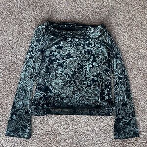 Whimsical Black and Light Blue Green Velvet Burnout Paisley Cowl Neck Top